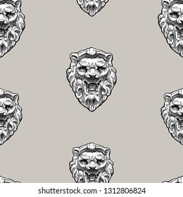 Seamless pattern of sculptural lion masks