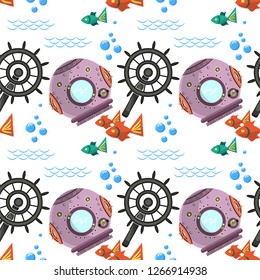 Seamless pattern with sea accessories - steering wheel, diving helmet, fish, waves and water. White background. Vector illustration