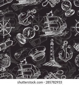 Seamless pattern with Sea Adventure elements in sketch style on dark background. Vector illustration for your design