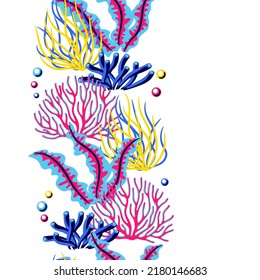 Seamless pattern with sea algae and corals. Marine life aquarium and sea flora.