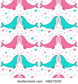 Seamless pattern with sea animal - cute cartoon whale. Kissing whales in love. Childish texture for fabric, textile. Hearts and bubbles, underwater life