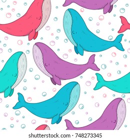Seamless pattern with sea animal - cute cartoon whale. Swimming smiling colorful whales and bubbles. Childish texture for fabric, textile. Underwater life