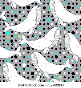 Seamless pattern with sea animal - cute cartoon whale. Swimming smiling colorful whales on dotted background. Childish texture for fabric, textile. Underwater life, summer marina background