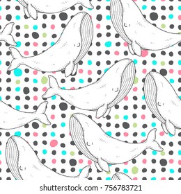 Seamless pattern with sea animal - cute cartoon whale. Swimming smiling colorful whales on dotted background. Childish texture for fabric, textile. Underwater life, summer marina background