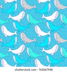 Seamless pattern with sea animal - cute cartoon whale. Swimming smiling colorful whales and bubbles. Childish texture for fabric, textile. Underwater life