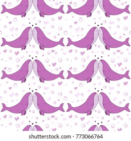 Seamless pattern with sea animal - cute cartoon whale. Kissing whales in love. Childish texture for fabric, textile. Hearts and bubbles, underwater life