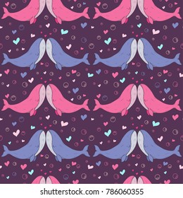 Seamless pattern with sea animal - cute cartoon whale. Kissing whales in love. Childish texture for fabric, textile. Hearts and bubbles, underwater life