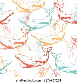 Seamless pattern with sea animal fur-seal,whale, octopus, fish.  Watercolor seamless pattern.