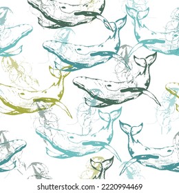 Seamless Pattern With Sea Animal Fur-seal,whale, Octopus, Fish.  Cute Baby Animals. Sea. Ocean.