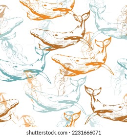 Seamless pattern with sea animal fur-seal,whale, octopus, fish.  Shell aquarium background.