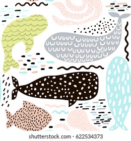 Seamless pattern with sea animal fur-seal,whale, octopus, fish. Childish texture for fabric, textile. Vector background