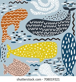 Seamless pattern with sea animal fur-seal,whale, octopus, fish. Childish texture for fabric, textile. Vector background