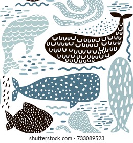 Seamless pattern with sea animal fur-seal,whale, octopus, fish. Childish texture for fabric, textile in pastel colors. Vector background