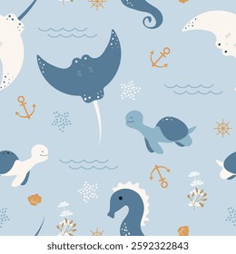 Seamless pattern with sea animals, anchor, seahorse, fish, starfish.