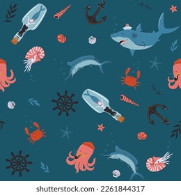 Seamless pattern with sea animals, anchors, steering wheels. Vector graphics.
