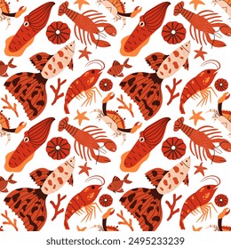 Seamless pattern with sea animals. Background with fish, crayfish, cuttlefish, shrimp for print, typography, textile