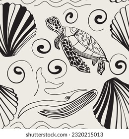 Seamless Pattern with sea animals in black and white.