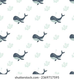 Seamless pattern with sea animals. Blue whale in the ocean among sea plants on a white background. Vector illustration. Design for children s dough, packaging, wallpaper