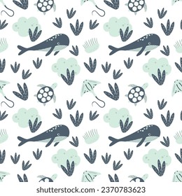 Seamless pattern with sea animals. Blue whale, stingray and turtle in the ocean among sea plants on a white background. Vector illustration. Design for children s dough, packaging, wallpaper