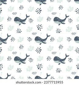 Seamless pattern with sea animals. Blue whale in the ocean among sea plants on a white background. Vector illustration. Design for children s dough, packaging, wallpaper