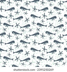 Patrón sin foco con animales marinos. Ballena azul en el océano entre peces estrella en un fondo blanco. Ilustración vectorial. Diseño para la masa infantil, embalaje, papel tapiz