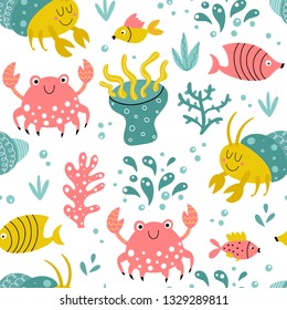 Seamless pattern with sea animals in cartoon style. Vector illustration. 