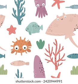 Seamless pattern with sea animals, children's pattern. Vector marine theme.