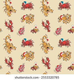Seamless pattern with Sea animals with Christmas decorations