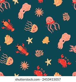 Seamless pattern with sea animals. Crab, crayfish, cuttlefish, jellyfish. Endless design for your design.	
