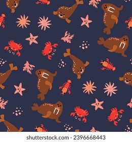 Seamless pattern with sea animals. Design for fabric, textiles, wallpaper, packaging.