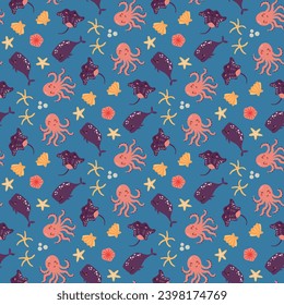 Seamless pattern with sea animals. Design for fabric, textiles, wallpaper, packaging.
