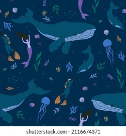 Seamless pattern with sea animals, divers and mermaids. Vector graphics.