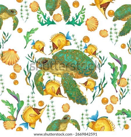 Seamless pattern with sea animals. Drawn with watercolors.