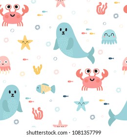 Seamless pattern with sea animals. Fish, starfish, jellyfish, seaweeds and seal. Childish texture for fabric or textile. Kids background. Vector illustration