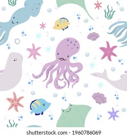 Seamless pattern with sea animals, fish, corals and shells. Underwater world, hand drawn doodle vector illustration.