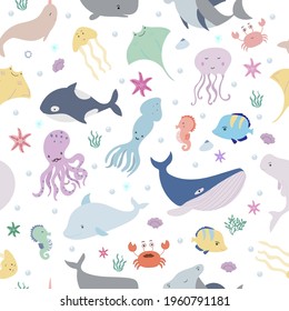 Seamless pattern with sea animals, fish, corals and shells. Underwater world, hand drawn doodle vector illustration. Whale, octopus, narwhal, squid, manta ray, sperm whale, jellyfish, killer whale.