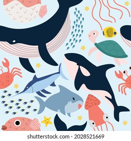 Seamless pattern with sea animals, fish, killer whale, shark, octopus, turtle, hedgehog fish, saw fish