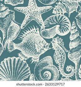 Padrão sem emenda com animais marinhos, peixes, cavalos marinhos e conchas no fundo da onda. Ilustração de cores vetoriais repetidas em estilo vintage. Papel de parede, têxteis, azulejos. Sem ai usado