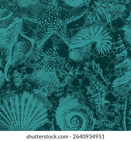 Seamless pattern with sea animals, fish, seahorse and shells. Vector illustration in vintage style. Wallpaper, textile, fabric, ceramic tile, postcard, souvenir. Print for plate, ashtray. No ai used