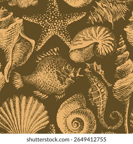 Seamless pattern with sea animals, fish, seahorse and shells. Vintage style illustration. Wallpaper, wrapping paper, textile, fabric, ceramic tile, Packaging, souvenir, postcard. Print, T-shirt design
