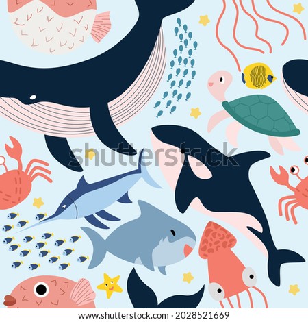 Seamless pattern with sea animals, fish, killer whale, shark, octopus, turtle, hedgehog fish, saw fish
