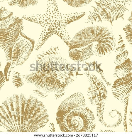 Seamless pattern with sea animals, fish and shells. On a marine theme. Seafood. Wallpaper, textile, fabric, tile, packaging for Menu. Print, T-shirt design. No AI used