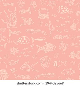 Seamless pattern with sea animals - fishes and jellyfish, seaweed, coral, starfish. Vector pink baby background. Perfect for printing on the fabric, design package and cover