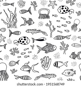 Patrón sin foco con animales marinos: peces y medusas, algas, coral, pez estrella. Fondo del doodle vectorial. Perfecto para imprimir en la tela, el paquete de diseño y la cubierta