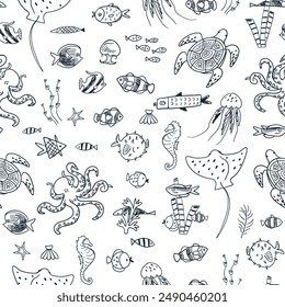 Seamless pattern with sea animals. Hand drawn vector illustration.