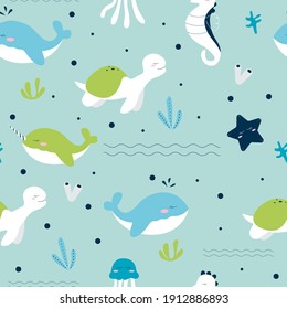 Seamless pattern of sea animals life