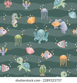 Seamless pattern with sea animals. Sea life. Octopus, gold fish, sea turtle, coral reefs, shells. Vector illustration.