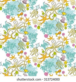 Seamless pattern of sea animals. Sea life seamless background, underwater vector illustration, fish and waves