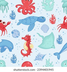 Seamless pattern sea animals. Marine inhabitants - octopus, crab, dolphin, seahorse, sea turtle, coral, sea background. Colorful pattern for fabric and paper, invitations, cards. Vector illustration.