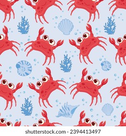 Seamless pattern sea animals. Marine inhabitants - octopus, crab, dolphin, seahorse, sea turtle, coral, sea background. Colorful pattern for fabric and paper, invitations, cards. Vector illustration.